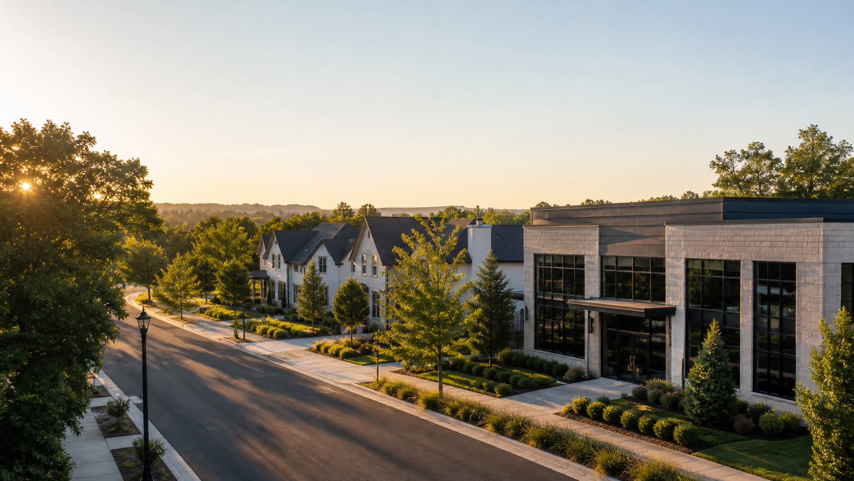 A well-kept American neighborhood beside a professional office building